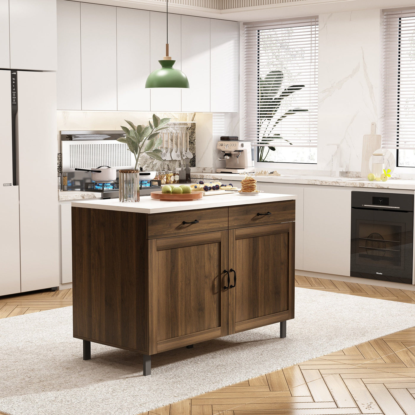 47.2" Modern Brown Wood Kitchen Island with Marble Veneer Countertop and Storage