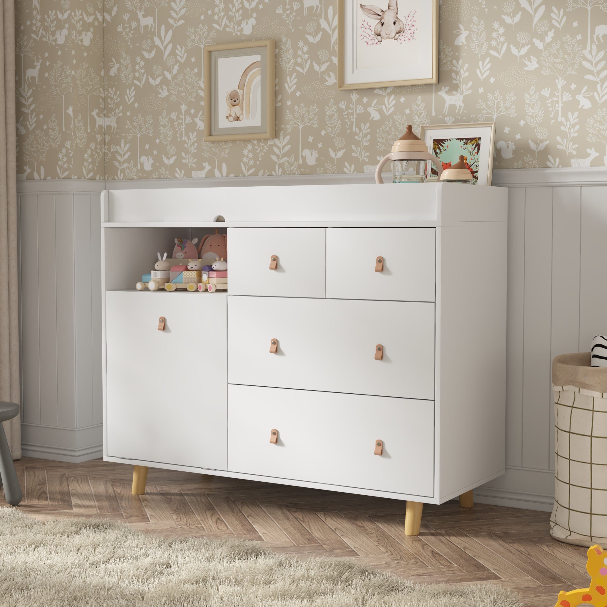 Baby Change Table Dresser Nursery Table Dresser 5 Drawers with Open Storage