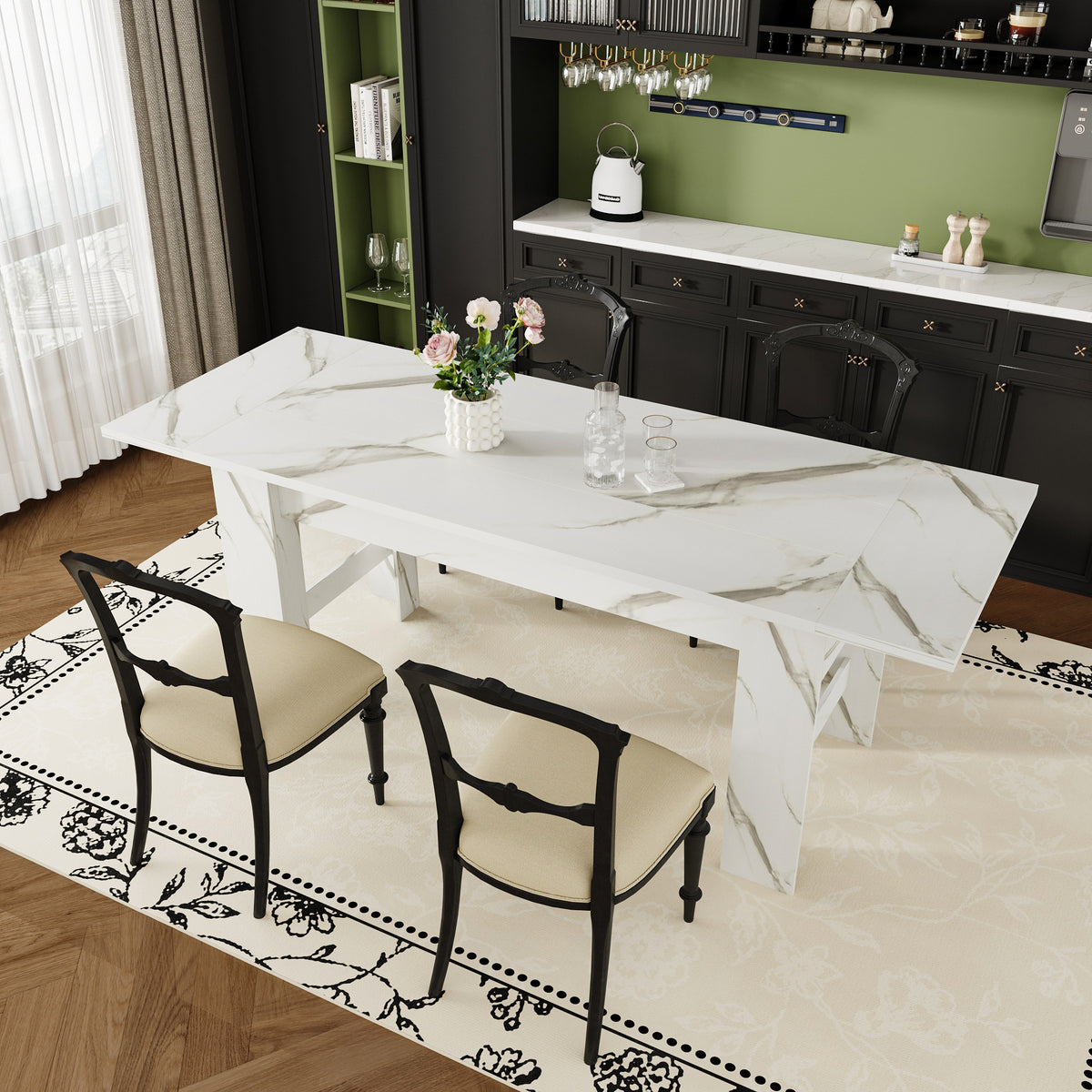 94.5" Modern White Dining Table with 2 Built-in Leaves