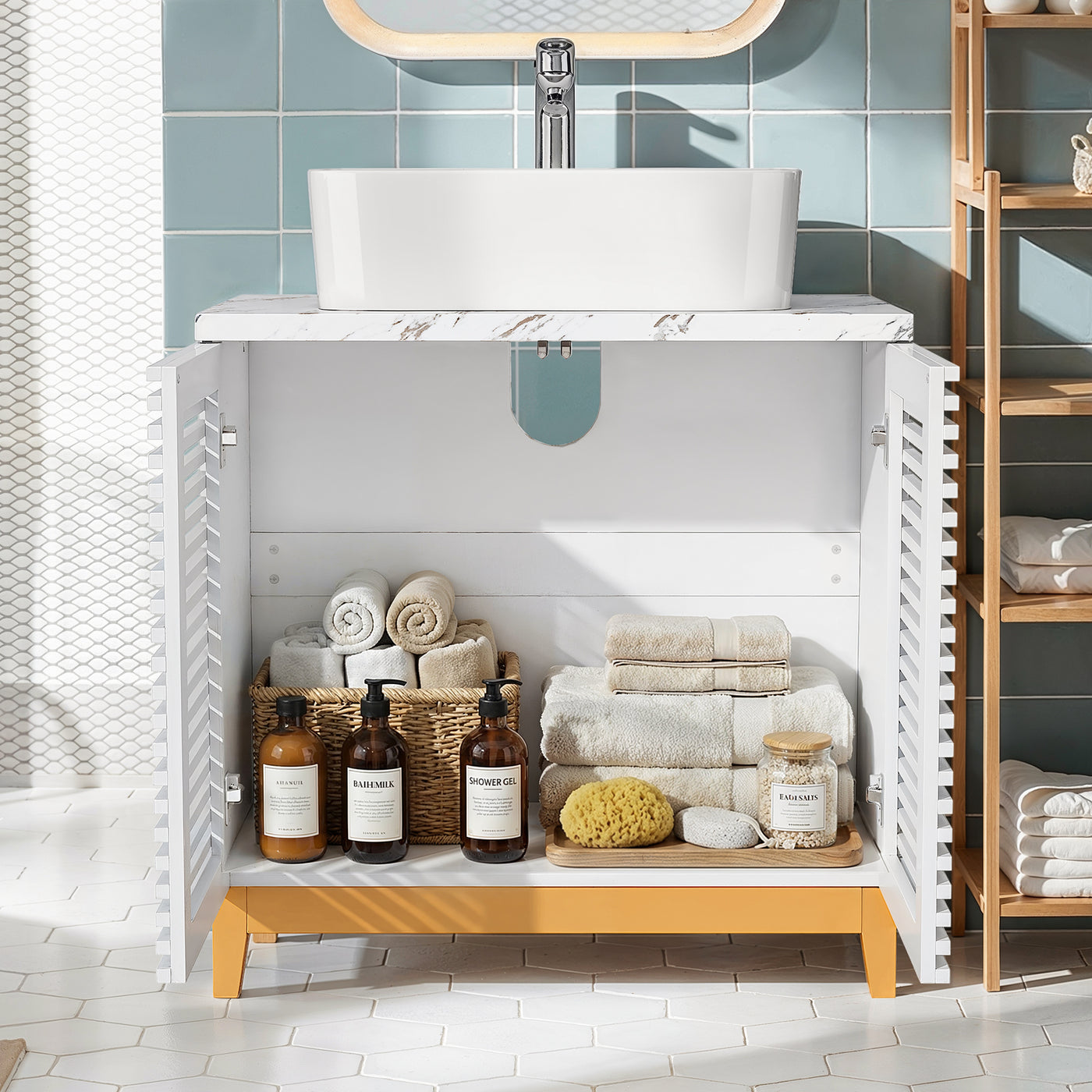 31.3" White Engineered Wood Bathroom Vanity with Louvered Doors, Solid Wood Legs & Cultured Stone Vessel Sink