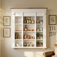 47.2" White Wall Mount Display Cabinet with Rustic Wood Top and 12 Open Compartments