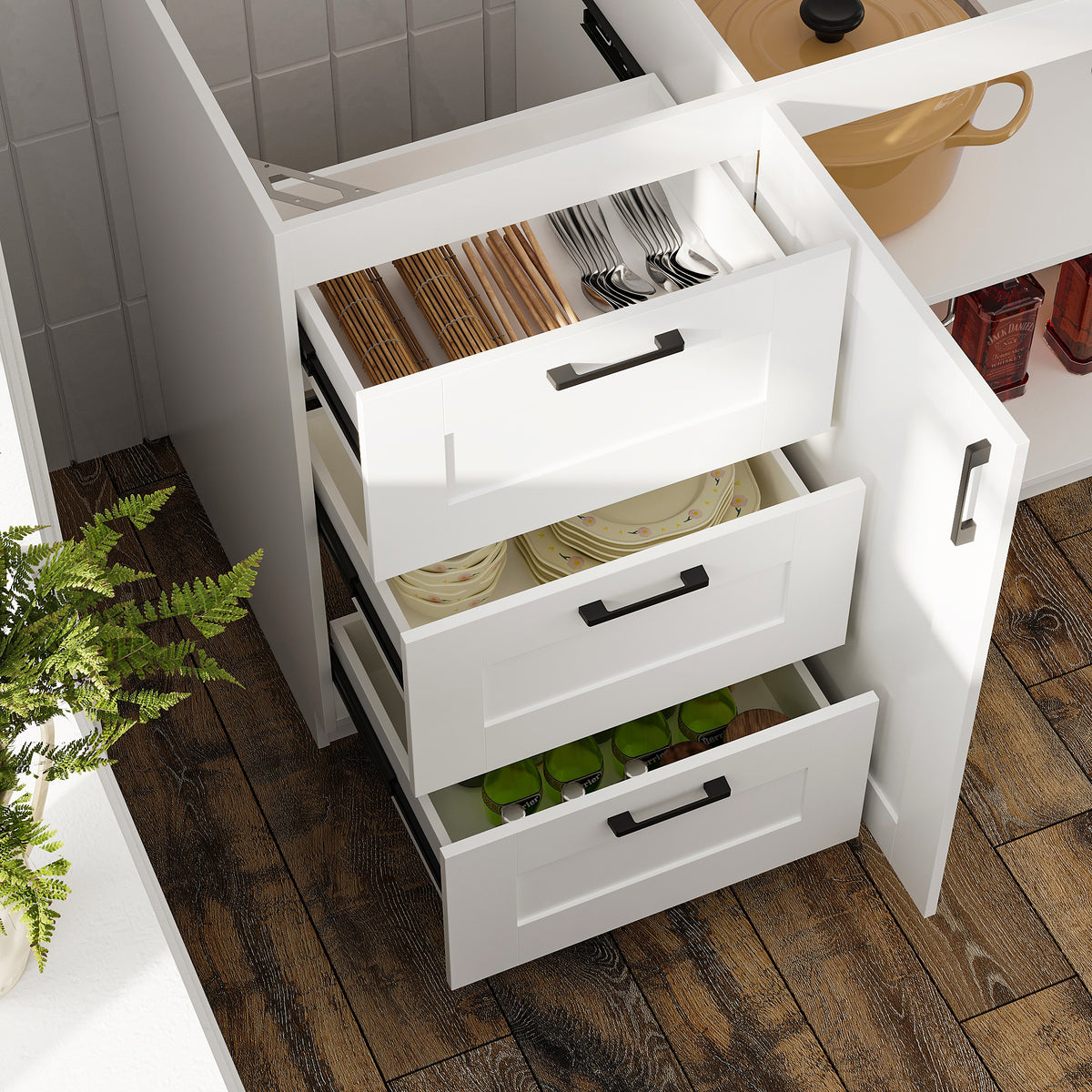 60" White Kitchen Sideboard Buffet Pantry Cabinet with Wall-Mounted Upper Storage Cabinet, 3 Drawers and Double Base Doors