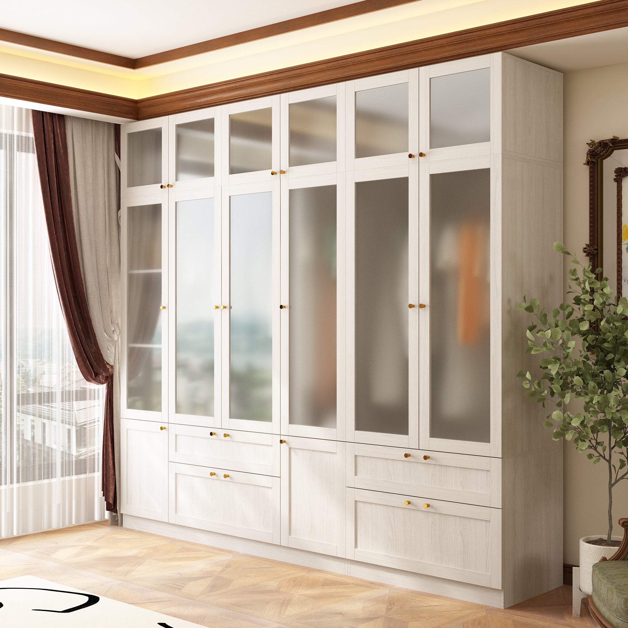 Elegant Multi-Compartment Wardrobe with Frosted Glass Doors & Ample Storage
