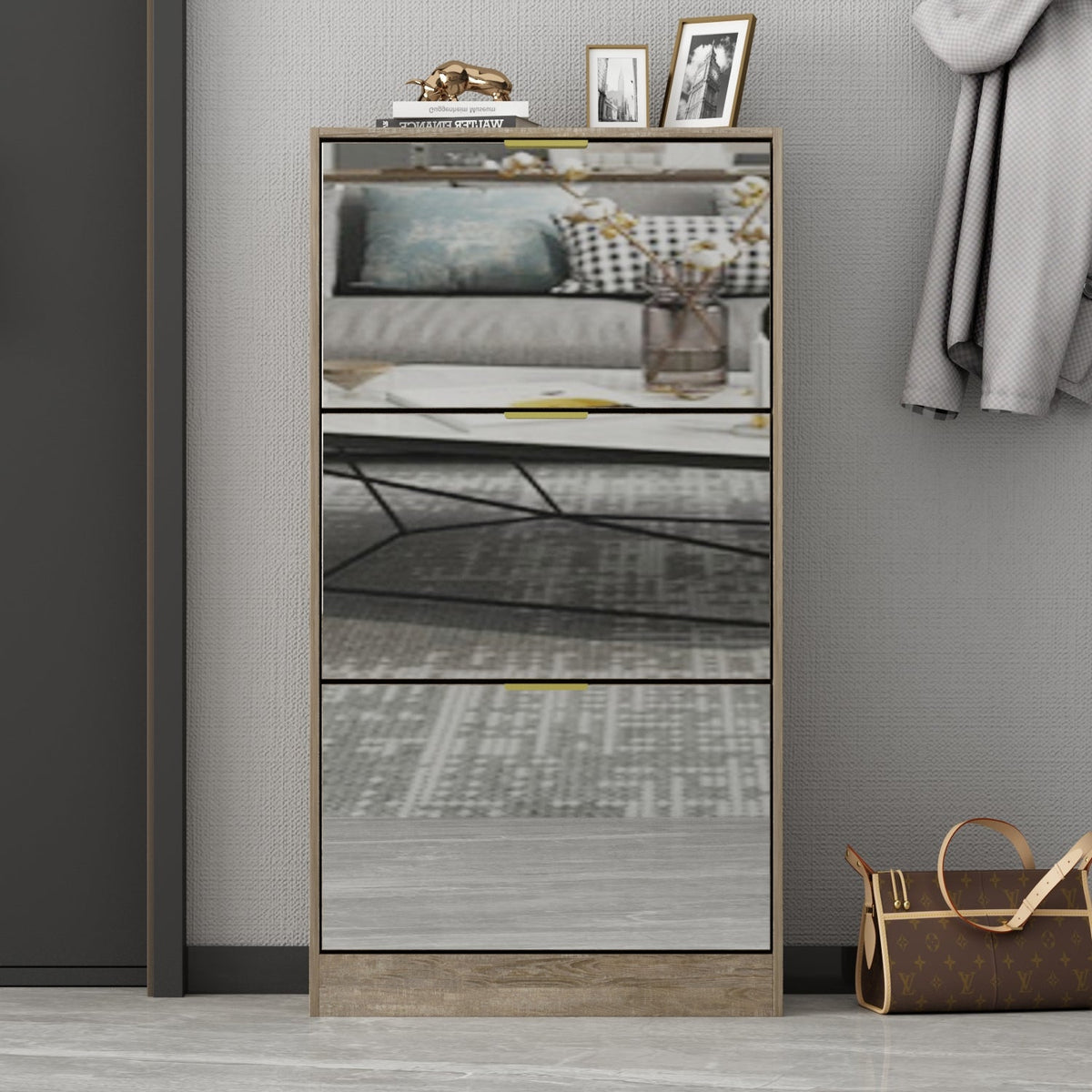 Entryway Shoe Storage Cabinet with 3 Flip Drawers Wood Shoe Cabinet Shoe Organizer with Mirrored Front