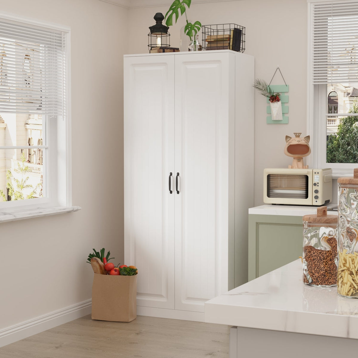 31.5" Modern White Kitchen Pantry with Rotating Food Storage Shelves, Adjustable Shelves, and Door-mounted Racks