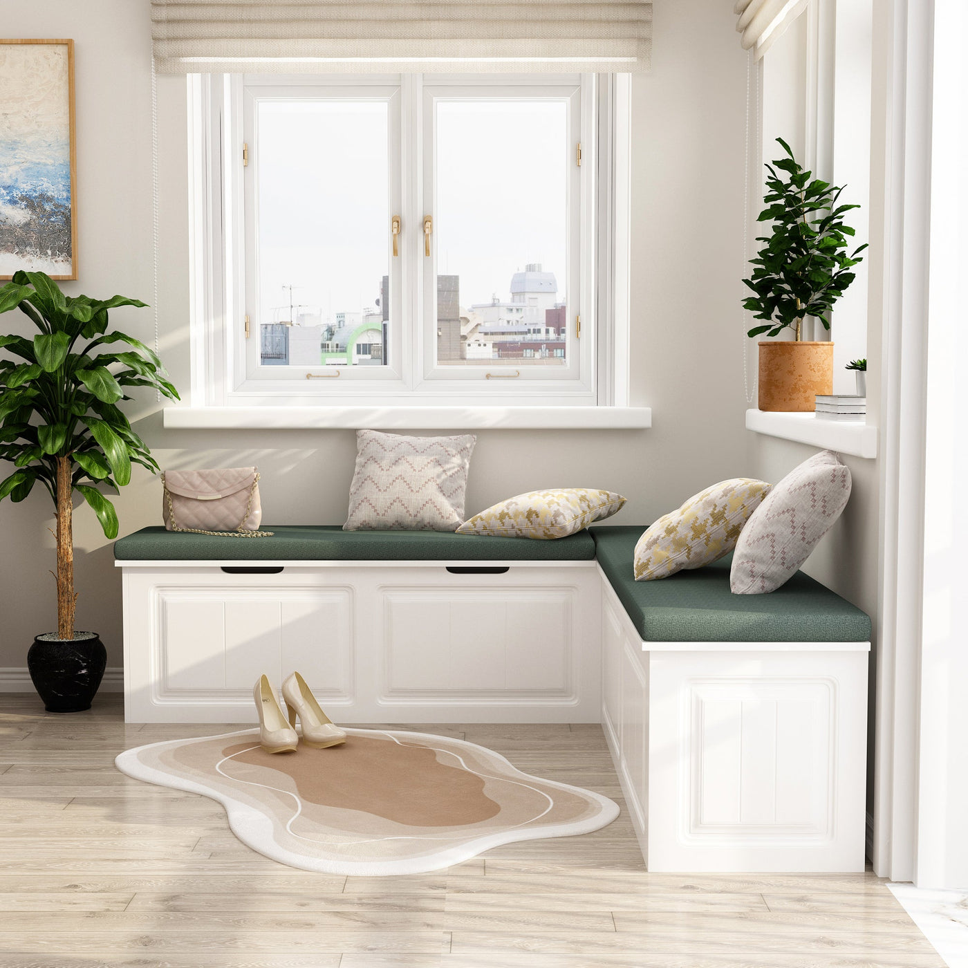 63" Modern White Corner Shoe Bench with Cushion and Storage