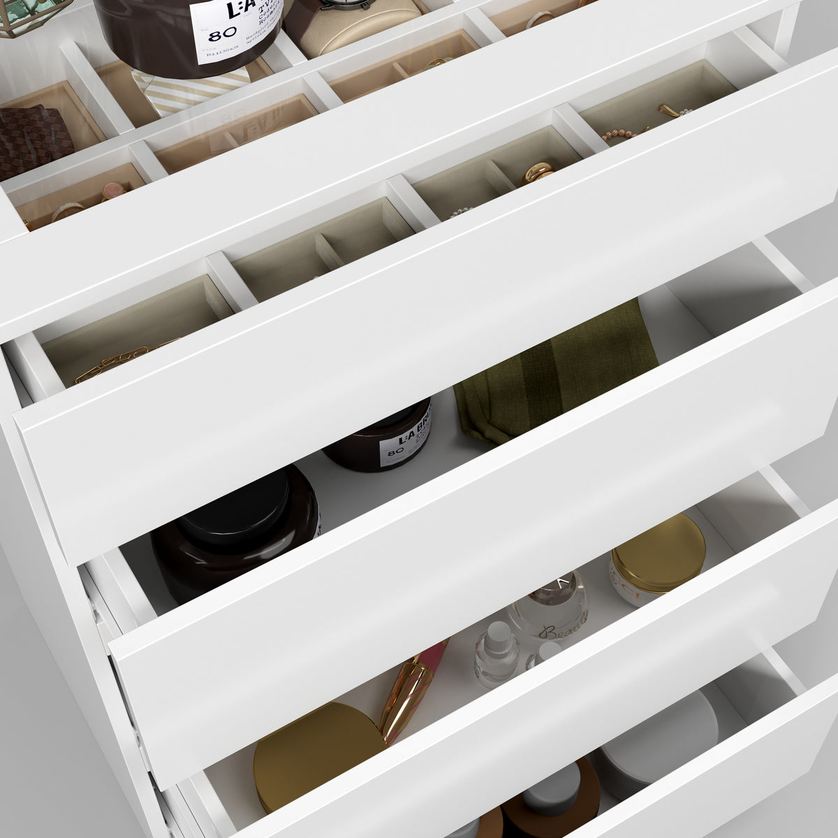 White dresser with jewelry organizer top and 4 drawers