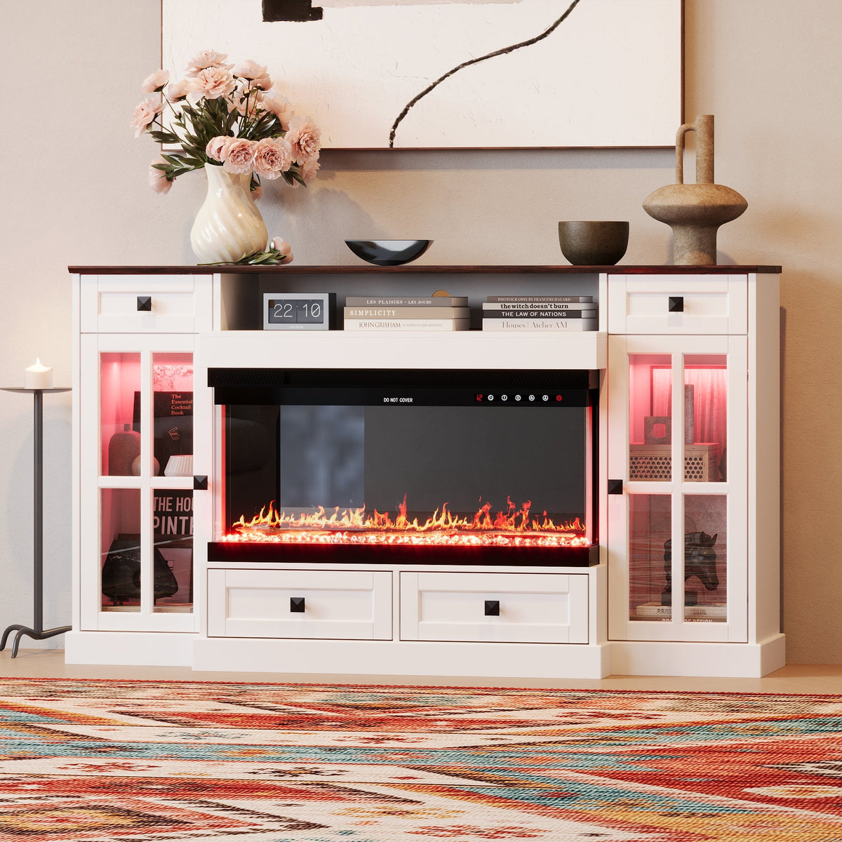 55" Modern White Electronic Fireplace With White TV Stand and Adjustable Light