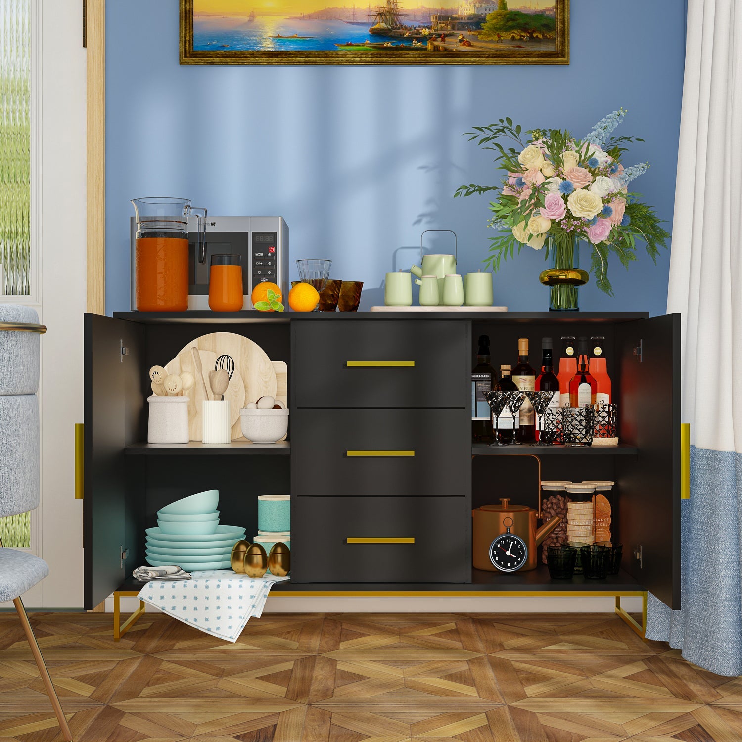 Buffet Sideboard with 3 Drawers & 2 Doors Storage Cabinet Sideboard Credenza Metal Legs for Dining Room and Living Room