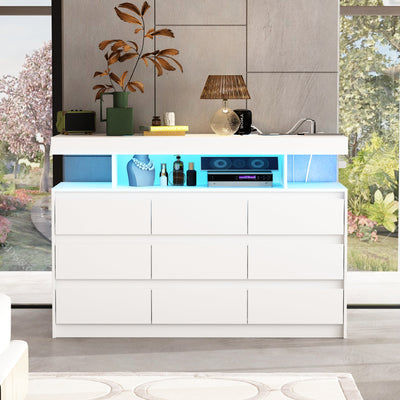 47.2" Minimalist White Dresser With LED Lights & 9 Drawers