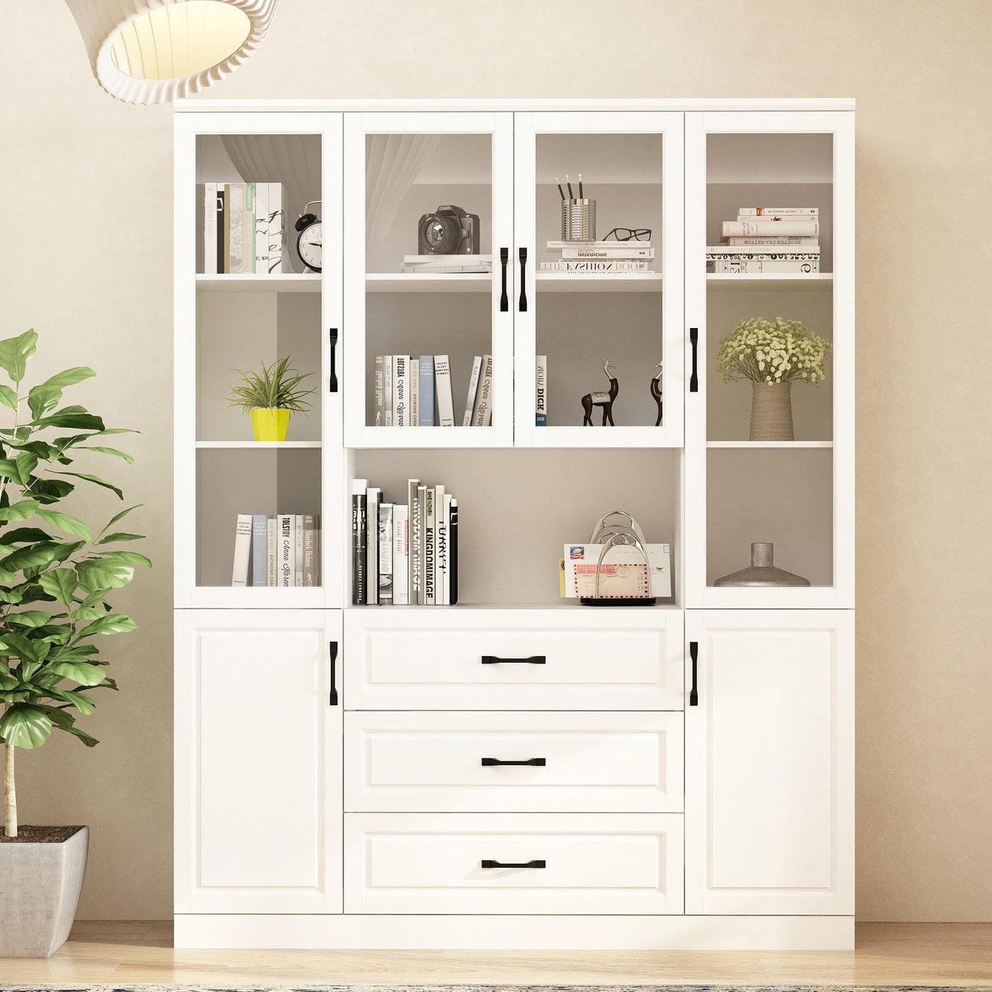 Vila 63" White Display Cabinet & Bookcase with Open Shelf and 3 Drawers