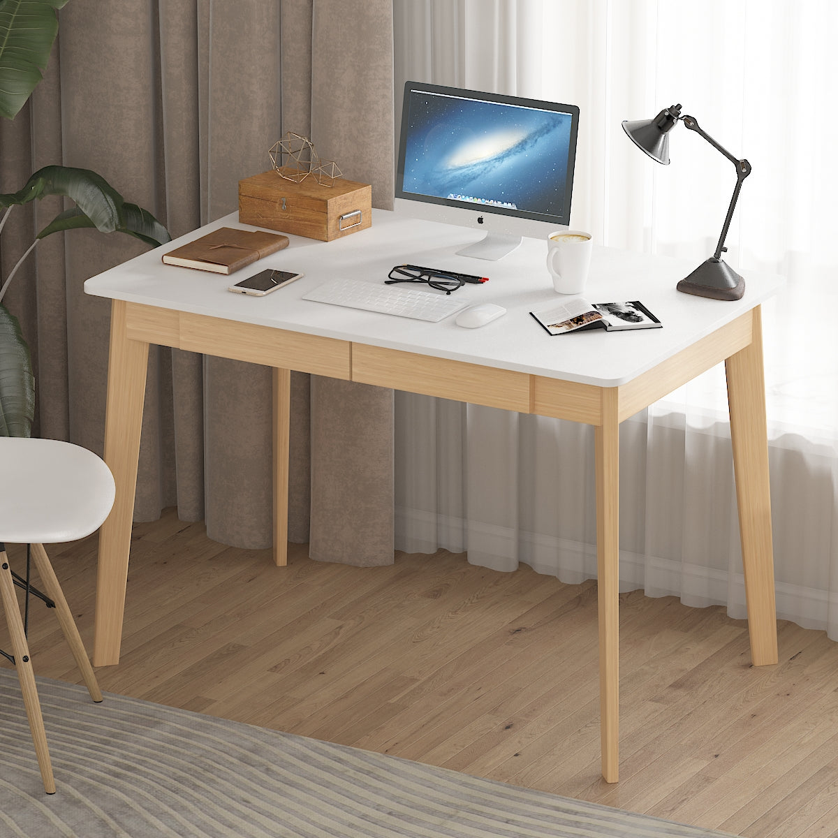 Wooden Minimalist Writing Desk White Study Table for Office 39.4"W