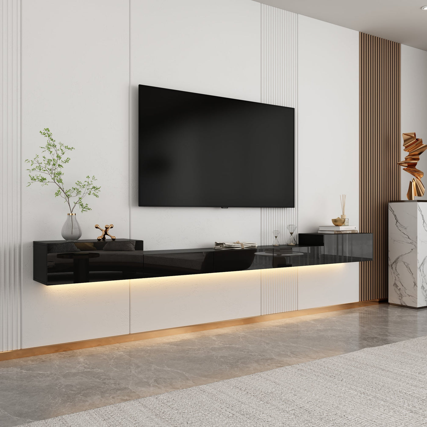 110" Modern Minimalist Black TV Stand Floating High Gloss TV Stand With LED Light