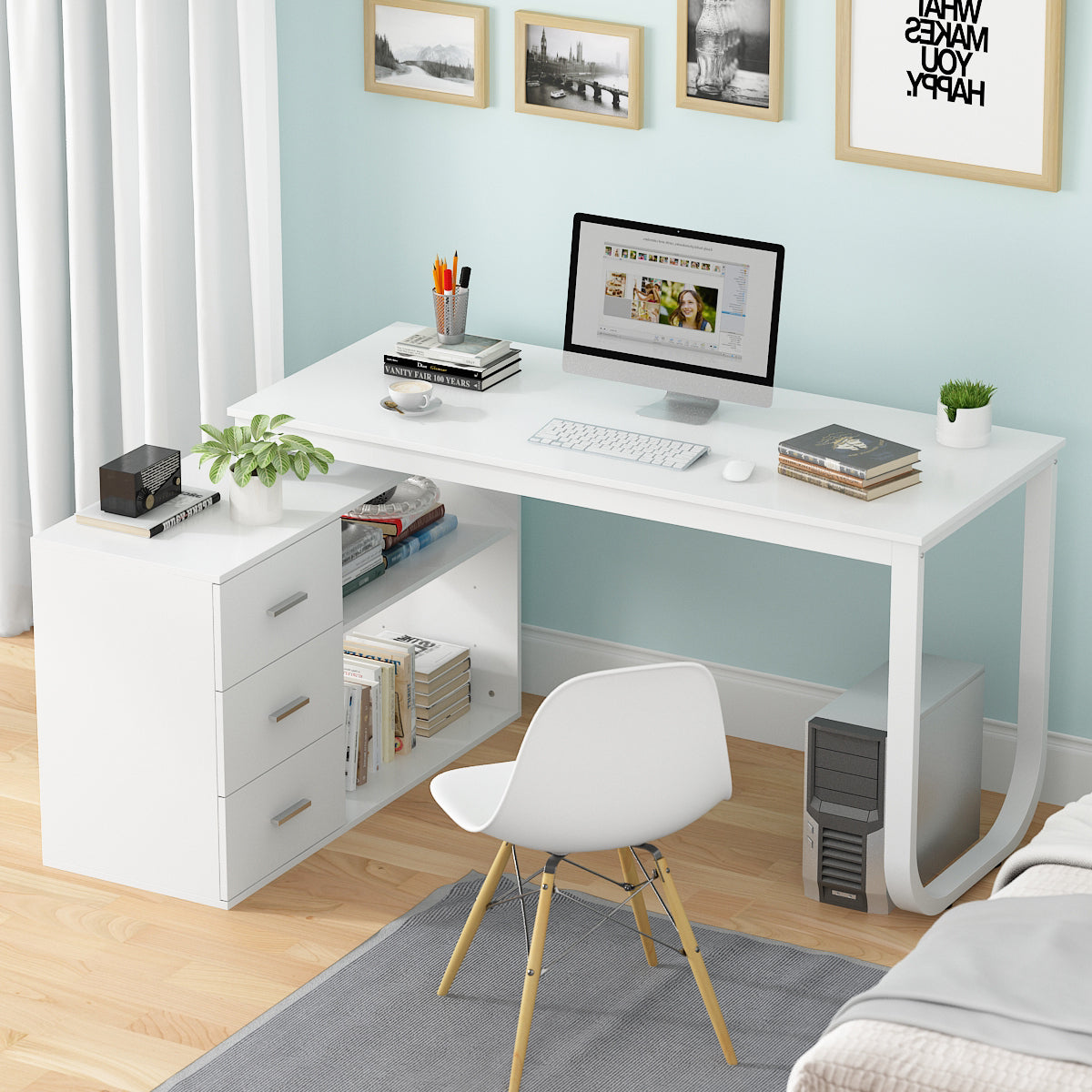 Home Office Computer Desk Corner Desk with 3 Drawers and 2 Shelves, 55 Inch Large L-Shaped Study Writing Table with Storage Cabinet