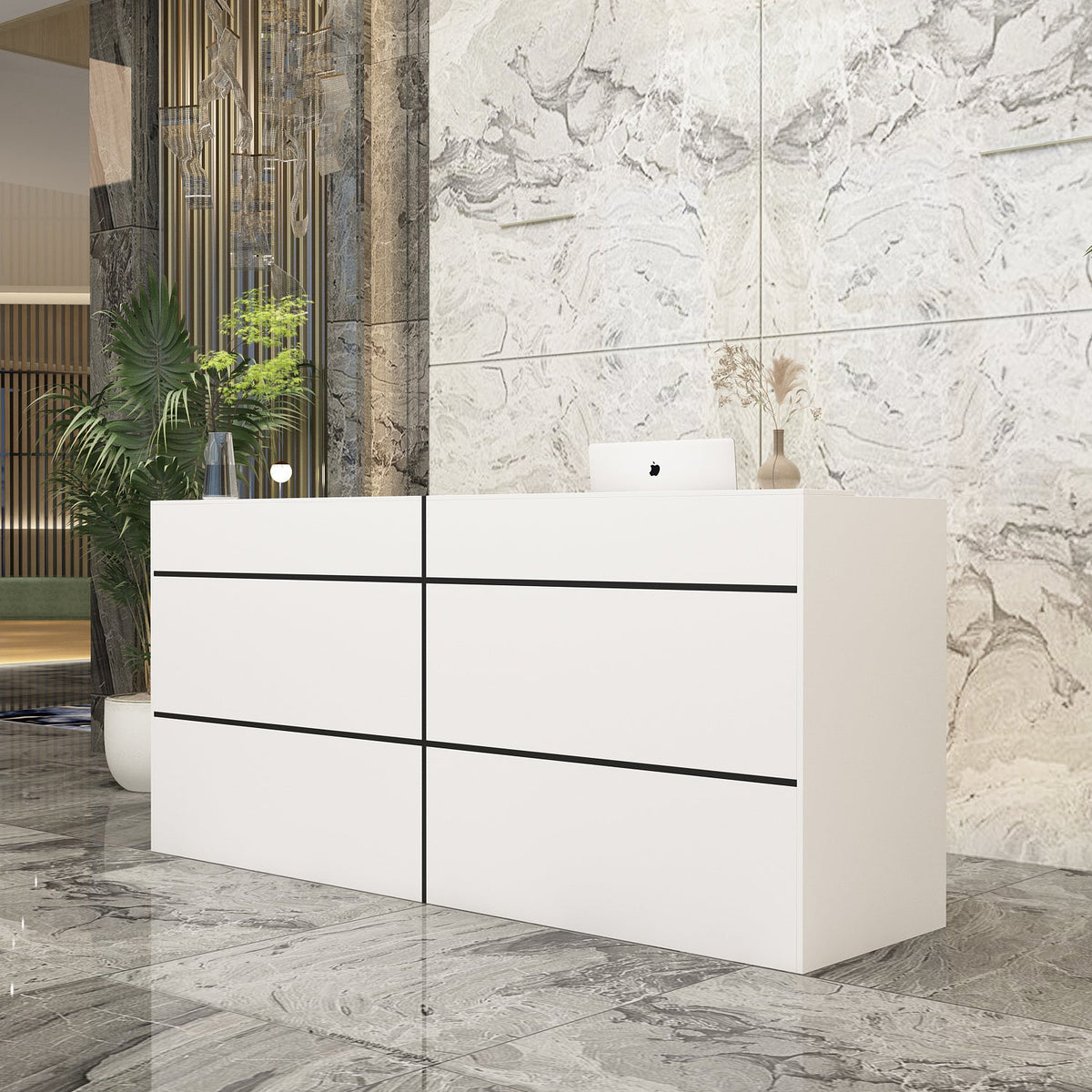 86.6" Contemporary White Reception Desk With Solid And Manufactured Wood
