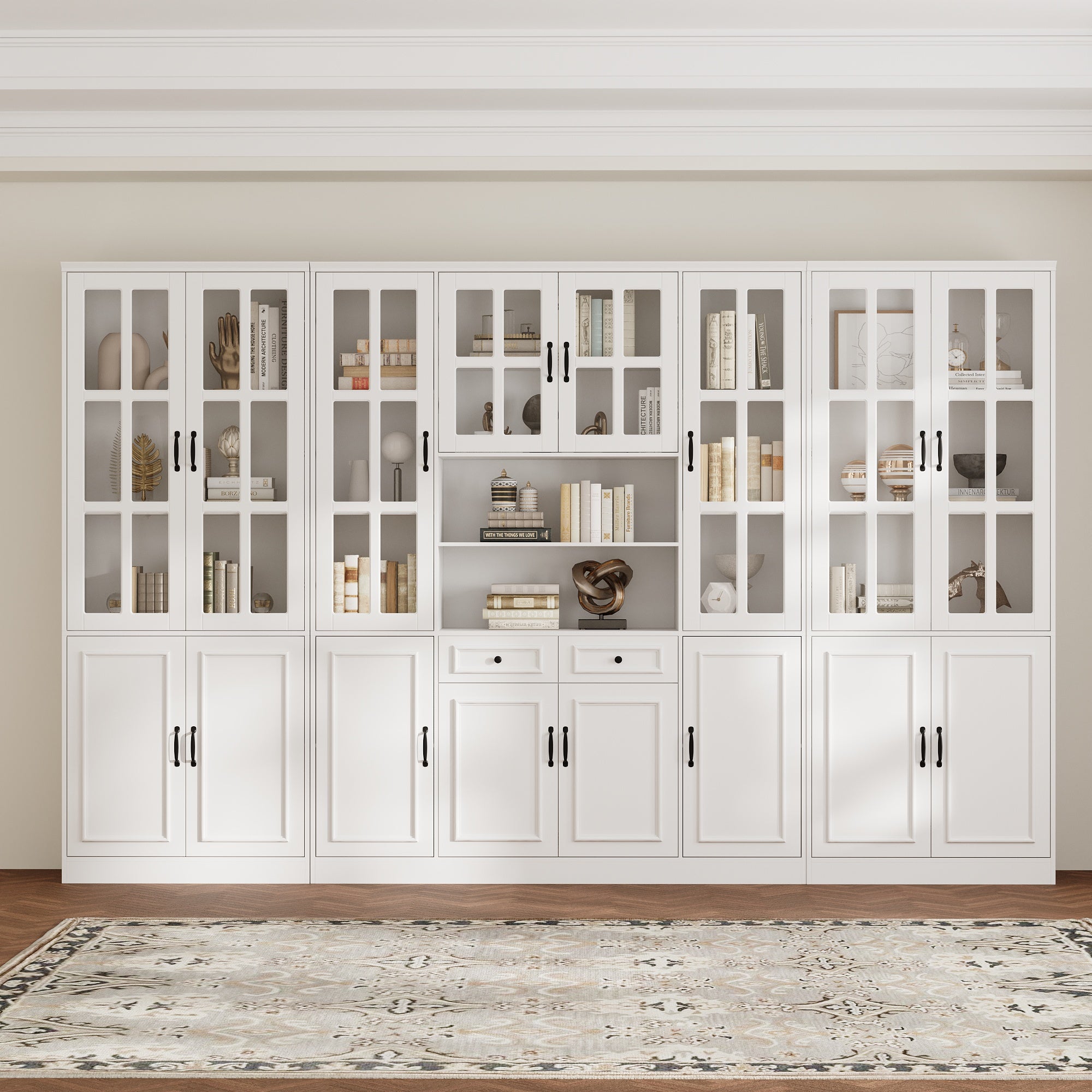 White bookcase set with glass doors, lower cabinets, and center open shelves