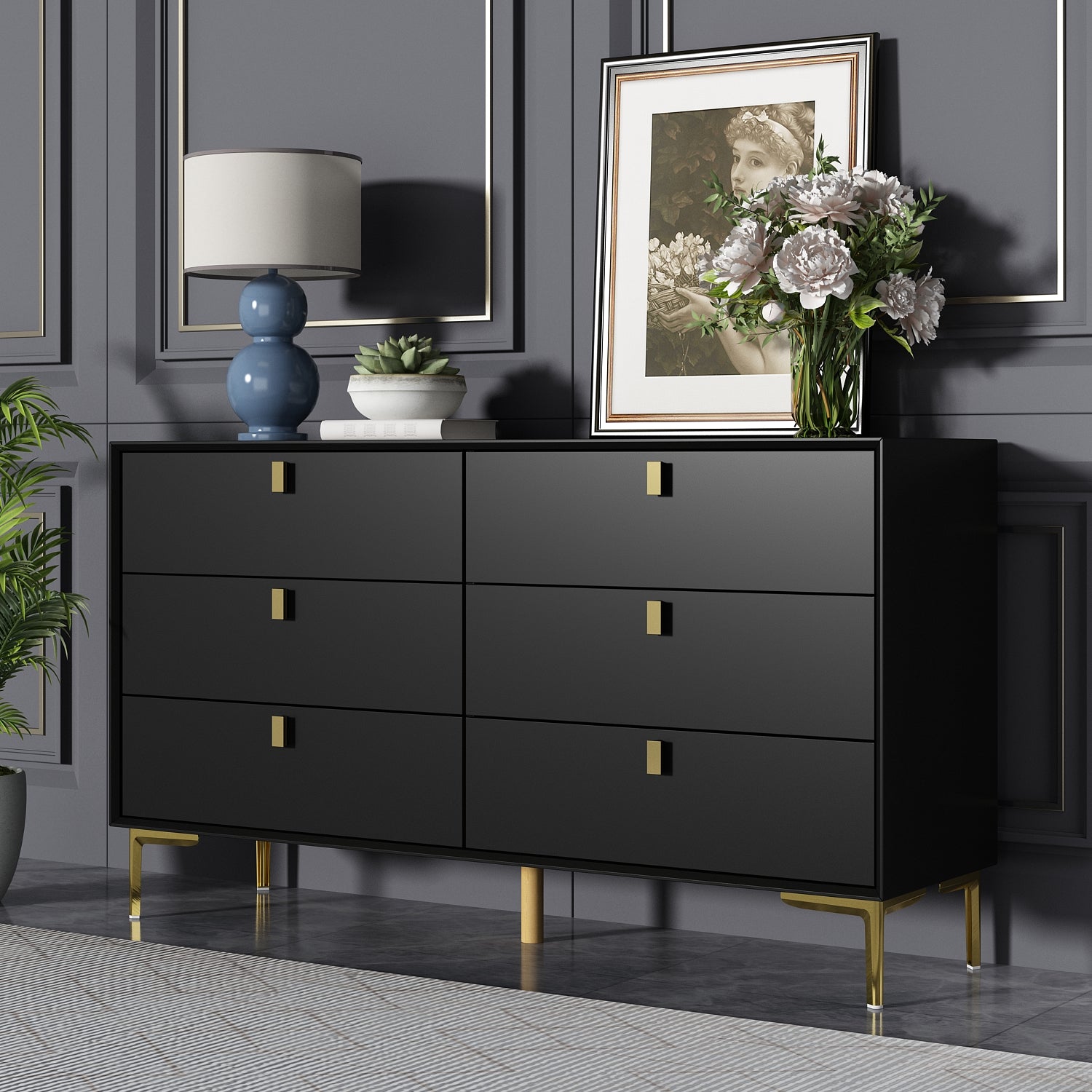 6-Drawer Dresser Buffet Sideboard for Home Storage with Metal Legs