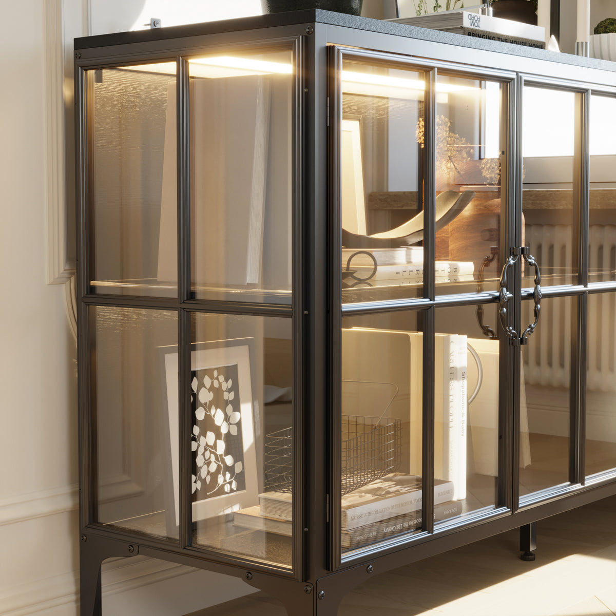 63" Modern Brown Sideboard Buffet Cabinet with 4 Doors and Gold Accents