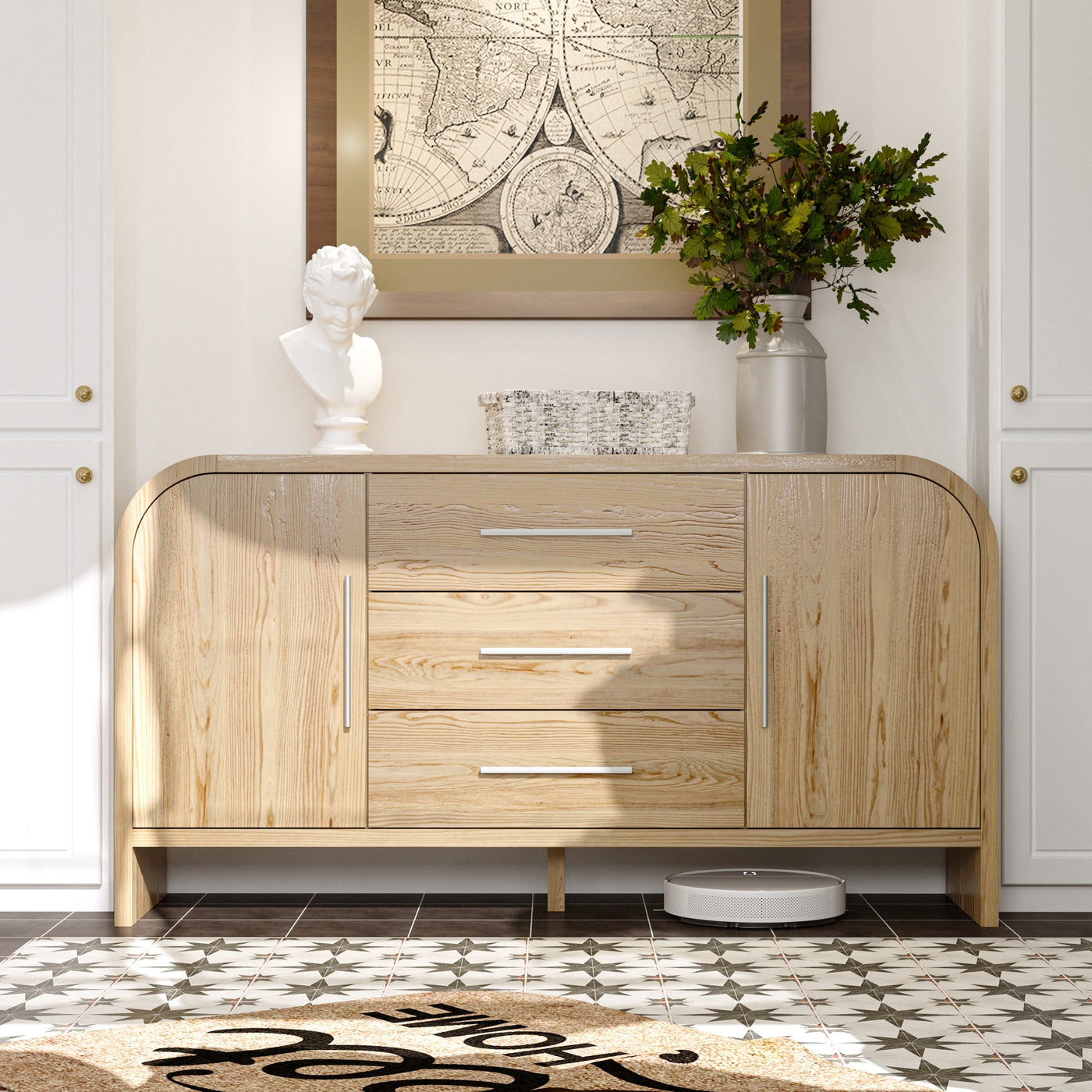59" Minimalist Natural Sideboard Cabinet Buffet Storage Cabinet With Hinged Doors and Pull-out Drawers