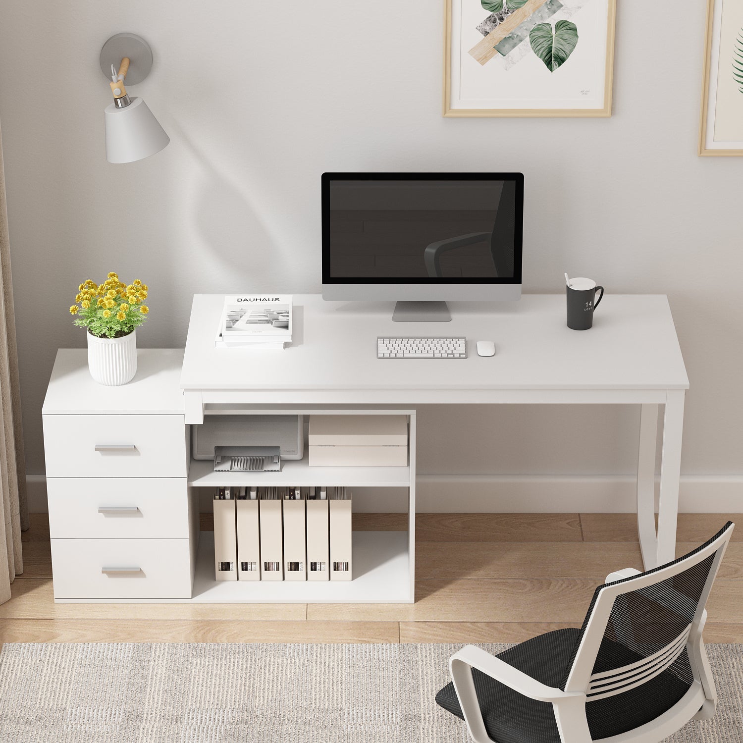 Home Office Computer Desk Corner Desk with 3 Drawers and 2 Shelves, 55 Inch Large L-Shaped Study Writing Table with Storage Cabinet