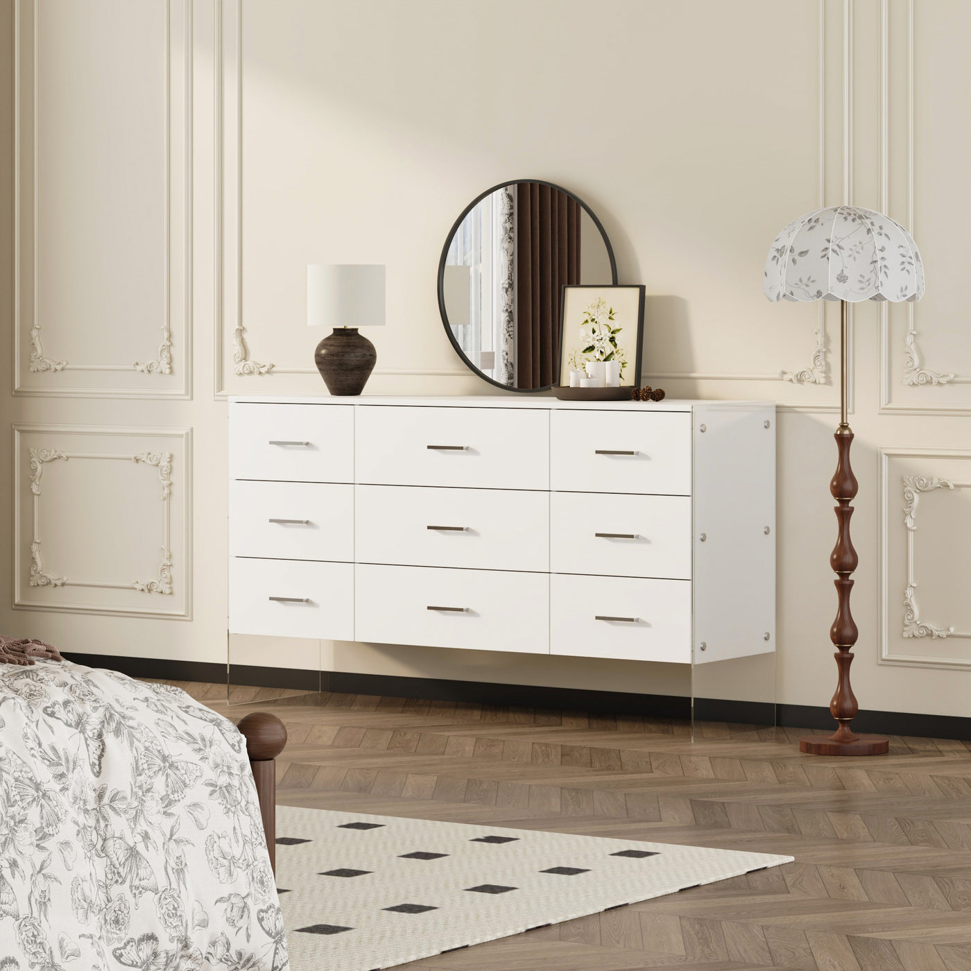 55.1" Modern White Dresser with Glass Legs