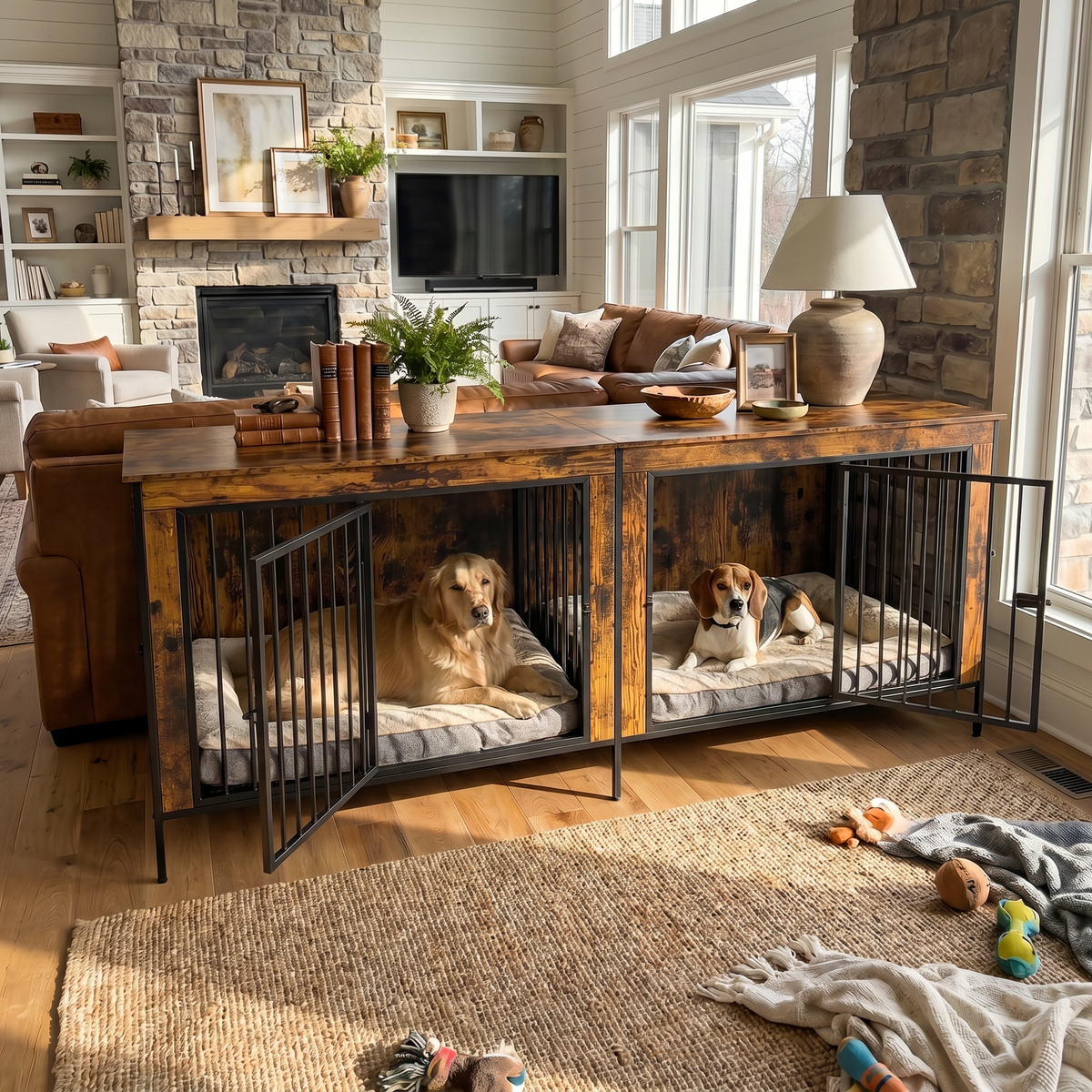 78.7" Rustic Wood Double Dog Crate End Table with Divider & Raised Legs