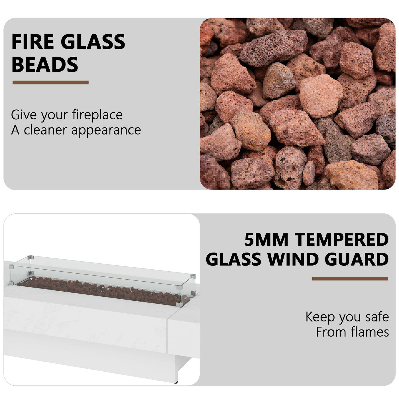 Fire glass beads and 5mm tempered glass wind guard for fireplaces.