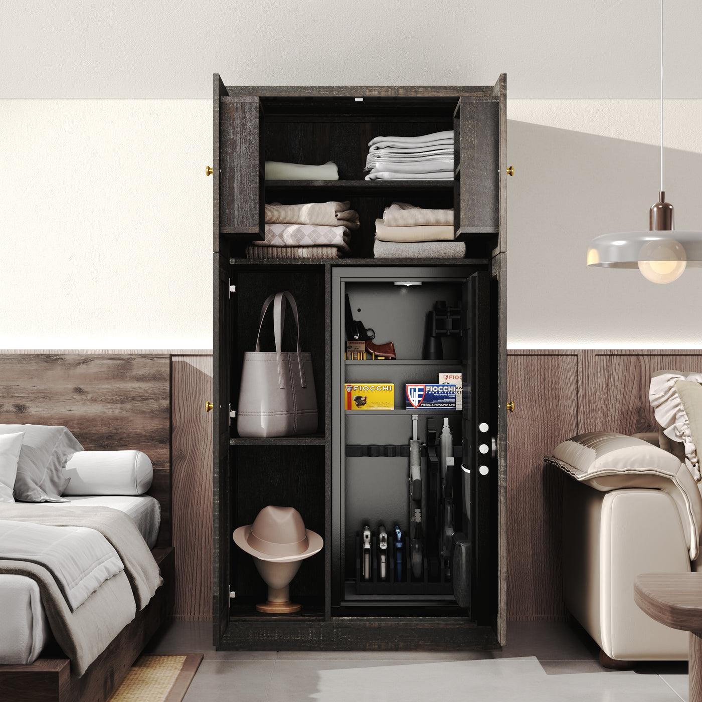 62" Modern Black Gun Safe Storage Cabinet with Sensor Light and Pistol Rack