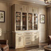 70.8" Oak Grain Engineered Wood Tall Food Pantry Cabinet with Upper Solid Doors, Middle Glass Display Doors & Multi-Drawer Storage Base