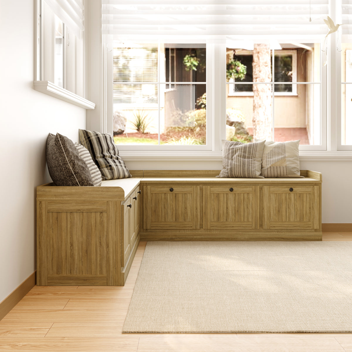 63" Modern Oak Corner Shoe Storage Bench with Flip-top Lid