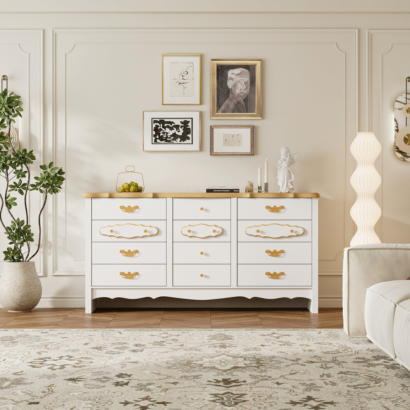 47.2" Elegant White 12-Drawer Accent Chest with Gold Handles