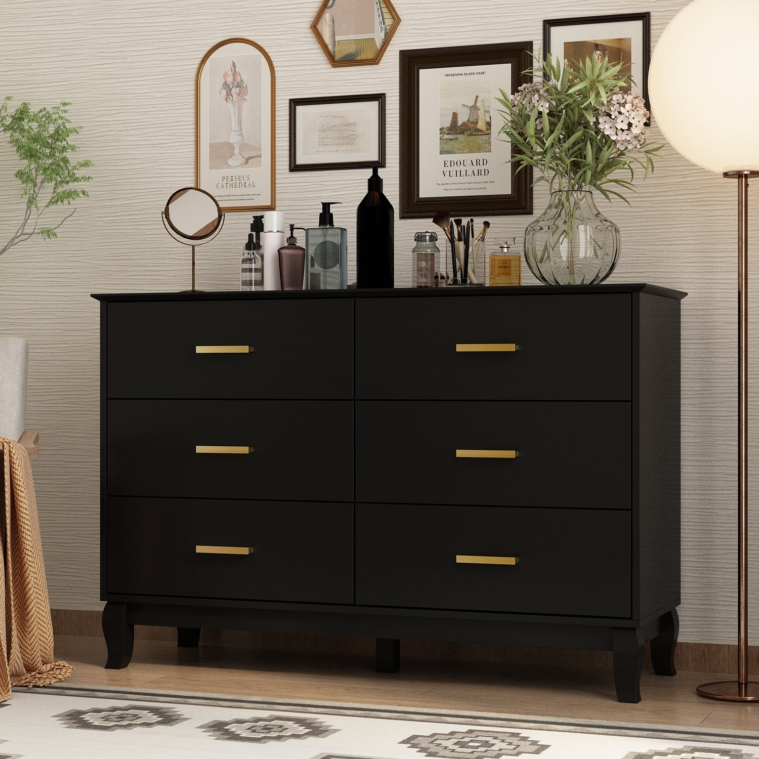 Modern White Finish Double Dresser 6-Drawer Cabinet for Hallway Entryway Living Room