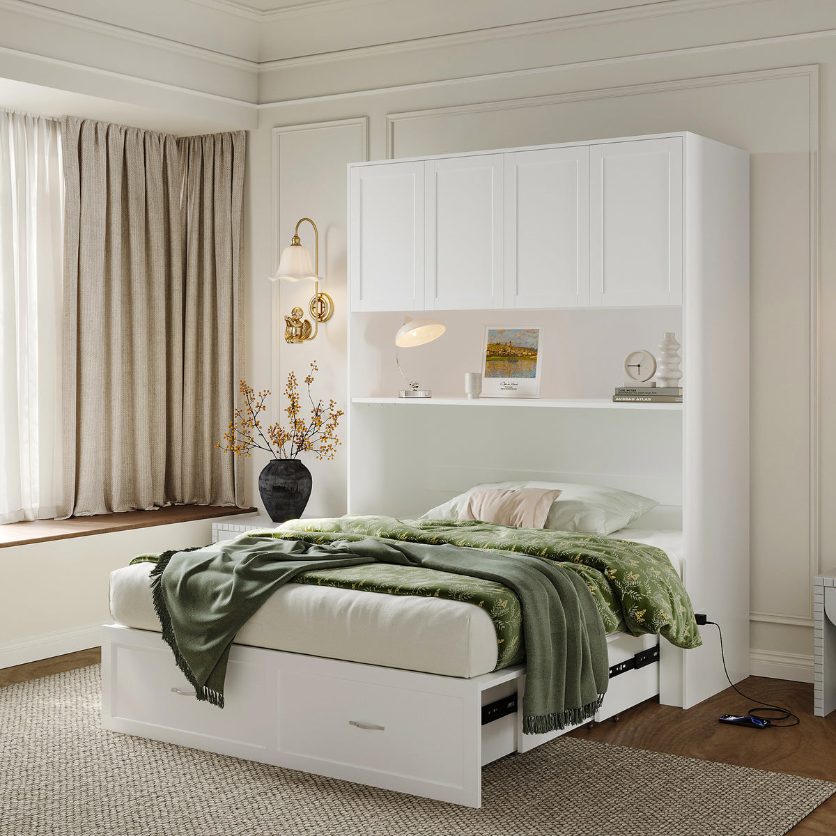 57.8" Modern White Storage Bed with Socket, view 2