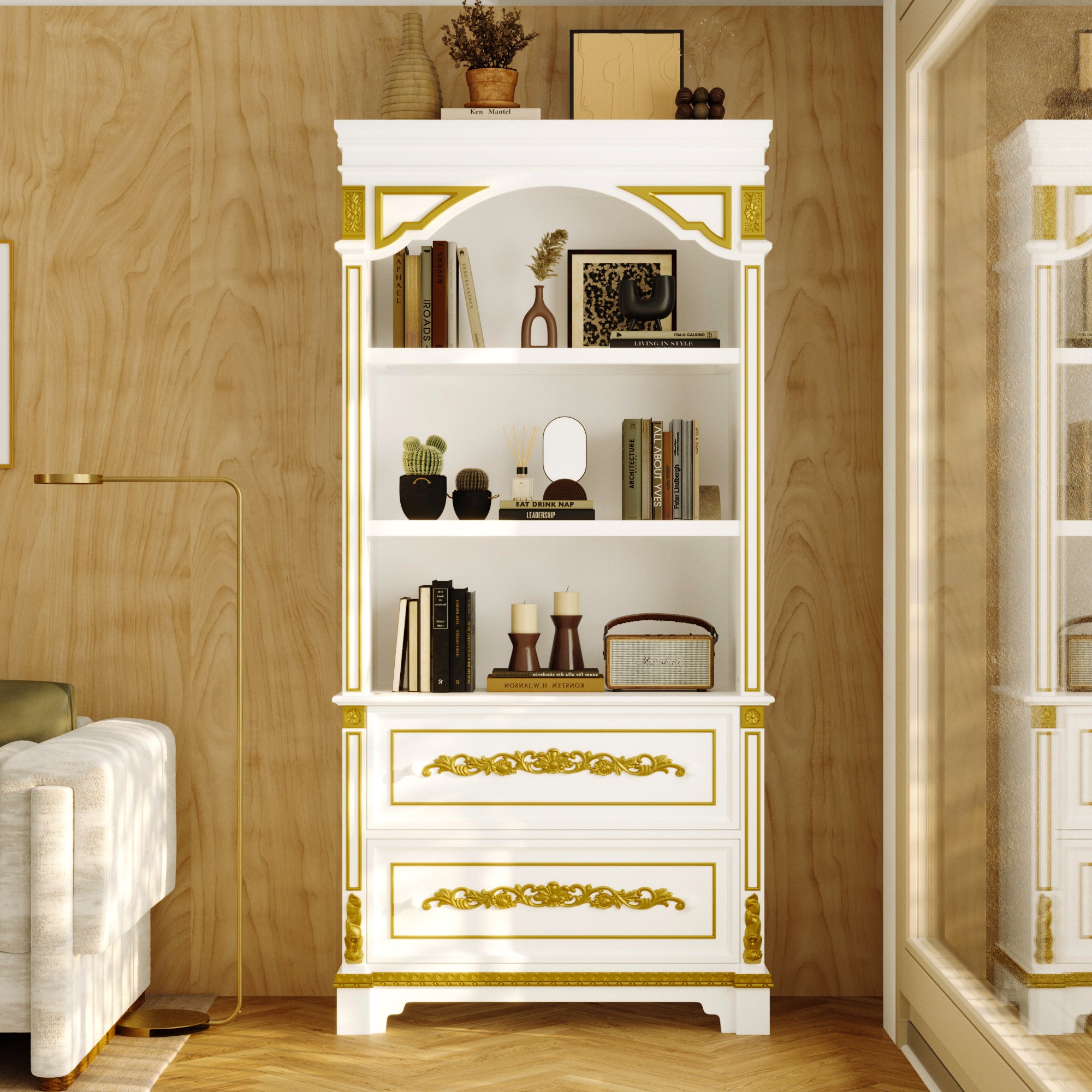 Decorative bookshelf with gold accents in a room setting