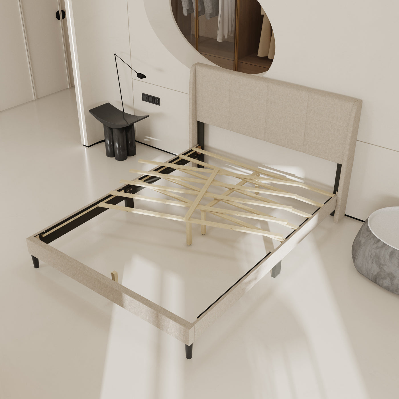 62.6" Modern Beige Platform Bed with Upholstered Headboard