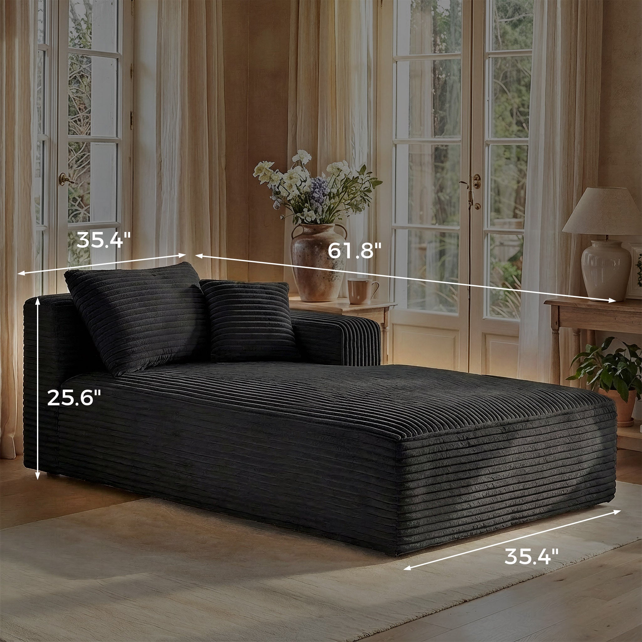 Upholstered Arm Sofa Chaise With Two Pillows