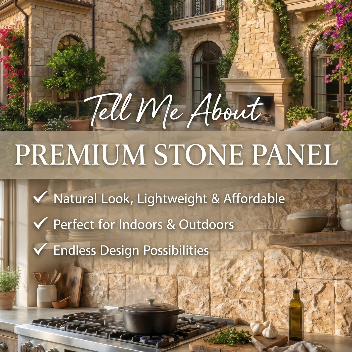 Beige Square Faux Stone Wall Panel Set of 9, Lightweight Indoor & Outdoor Decor Wall Panels