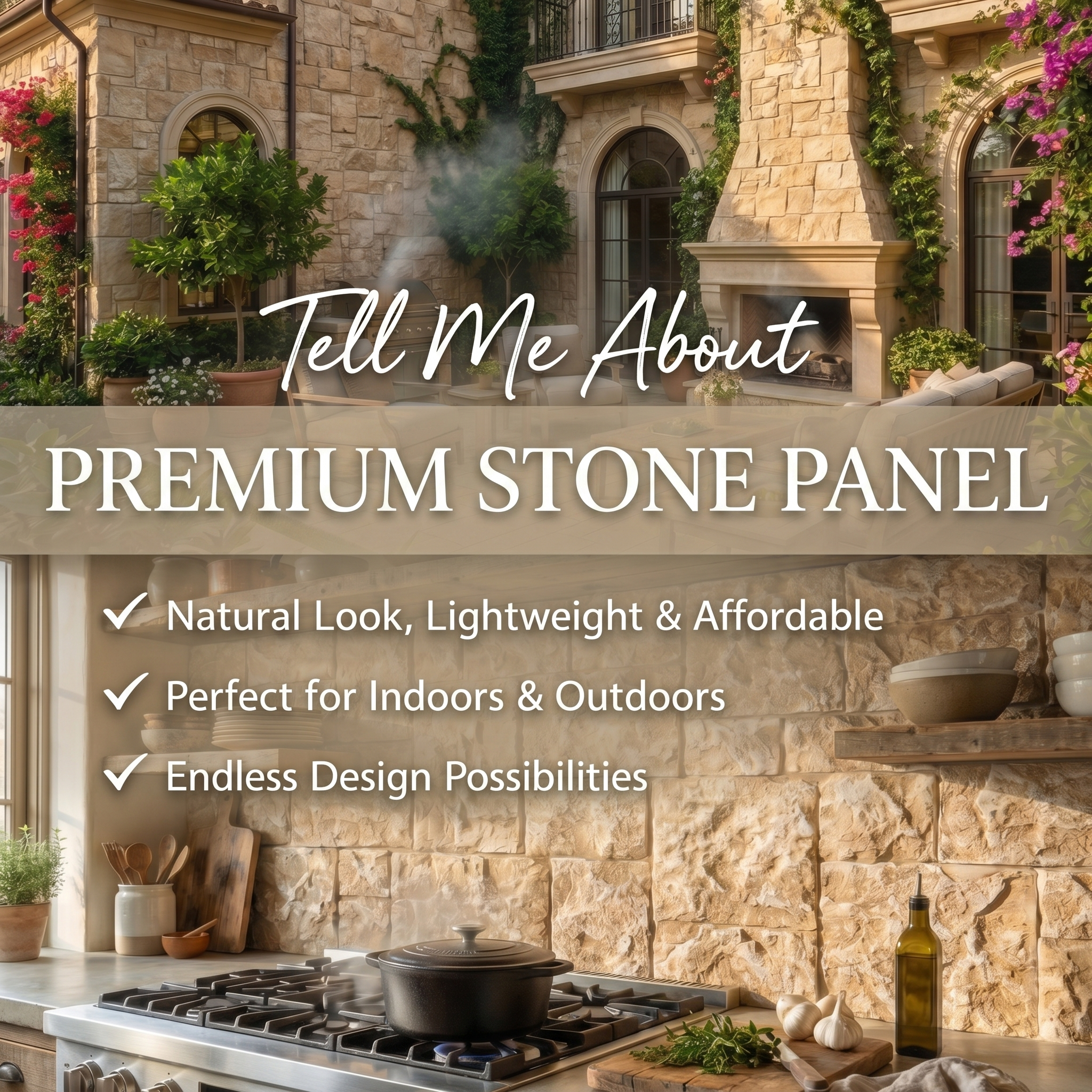 Beige Square Faux Stone Wall Panel Set of 9, Lightweight Indoor & Outdoor Decor Wall Panels