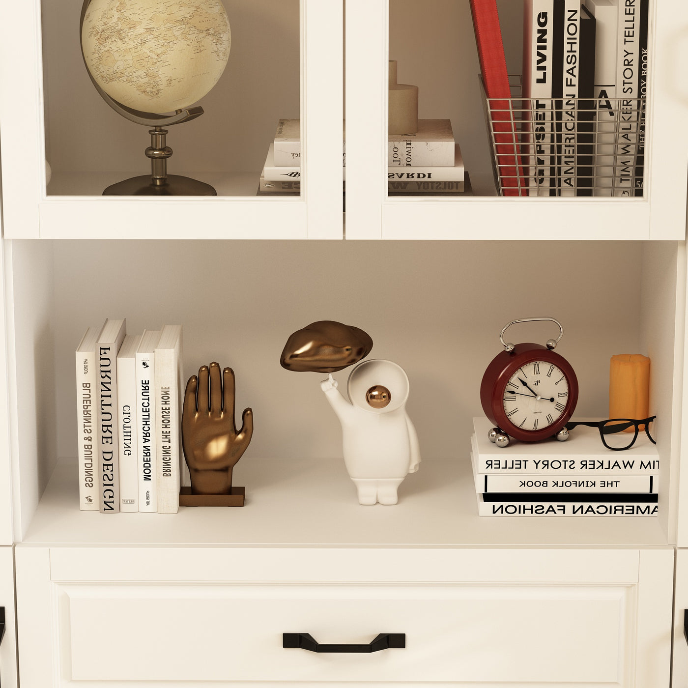 Vila 141.7" White Bookcases & Display Cabinets with 6 Drawers and Open Shelf