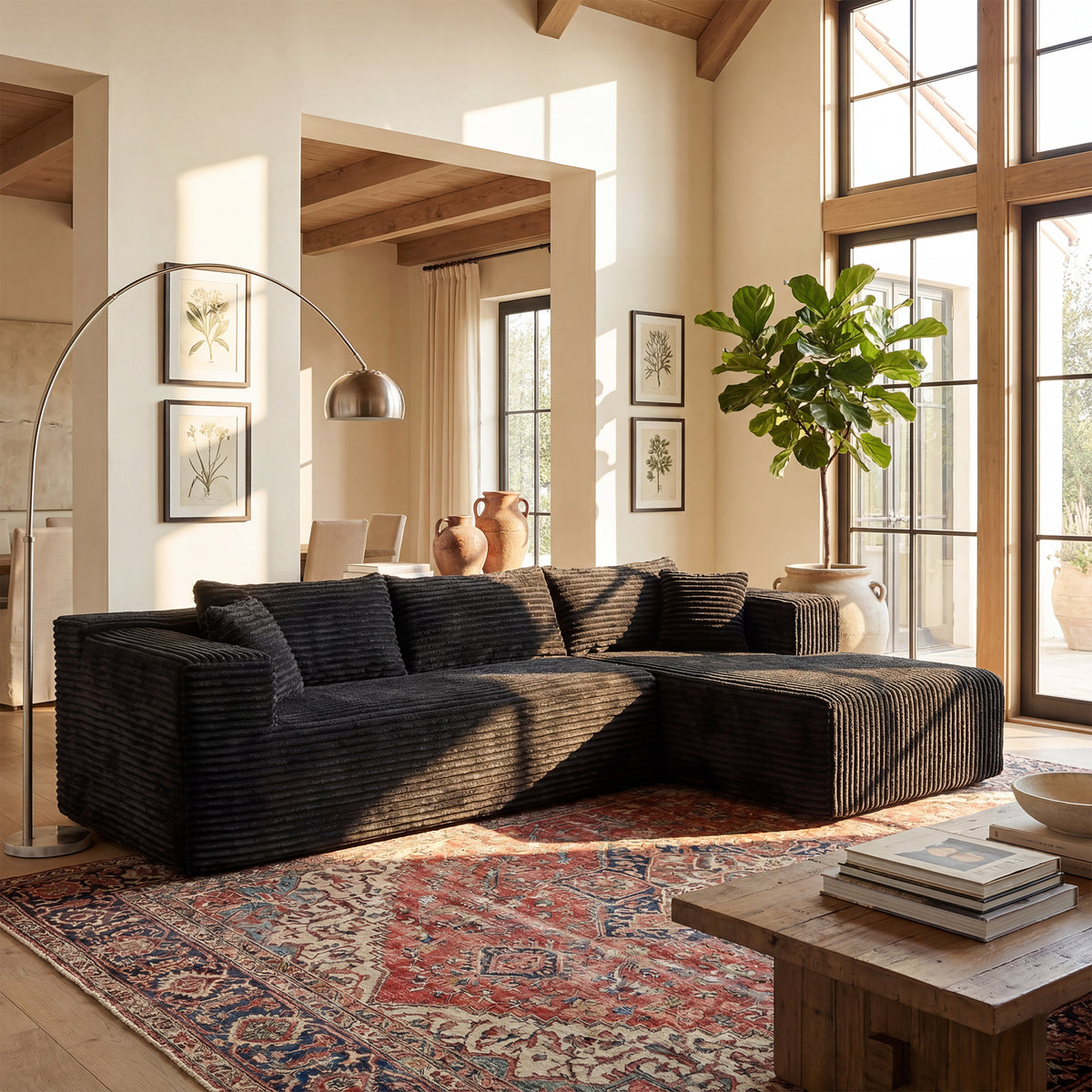106" Contemporary L-shaped Upholstered Arm Sofa Chaise with Two Pillows