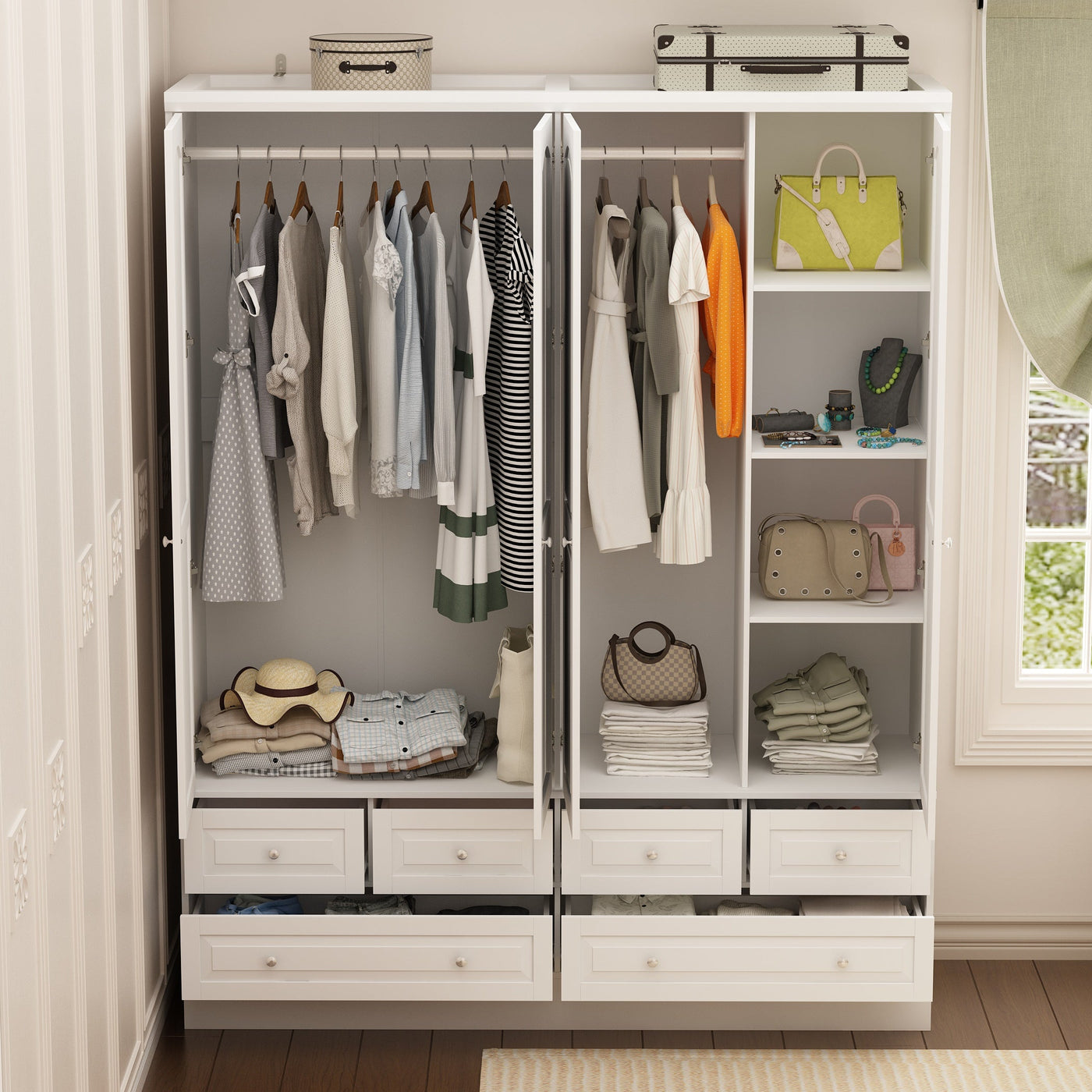 63" Elegant White Armoire Wardrobe with Mirror, 4 Doors, and 6 Drawers