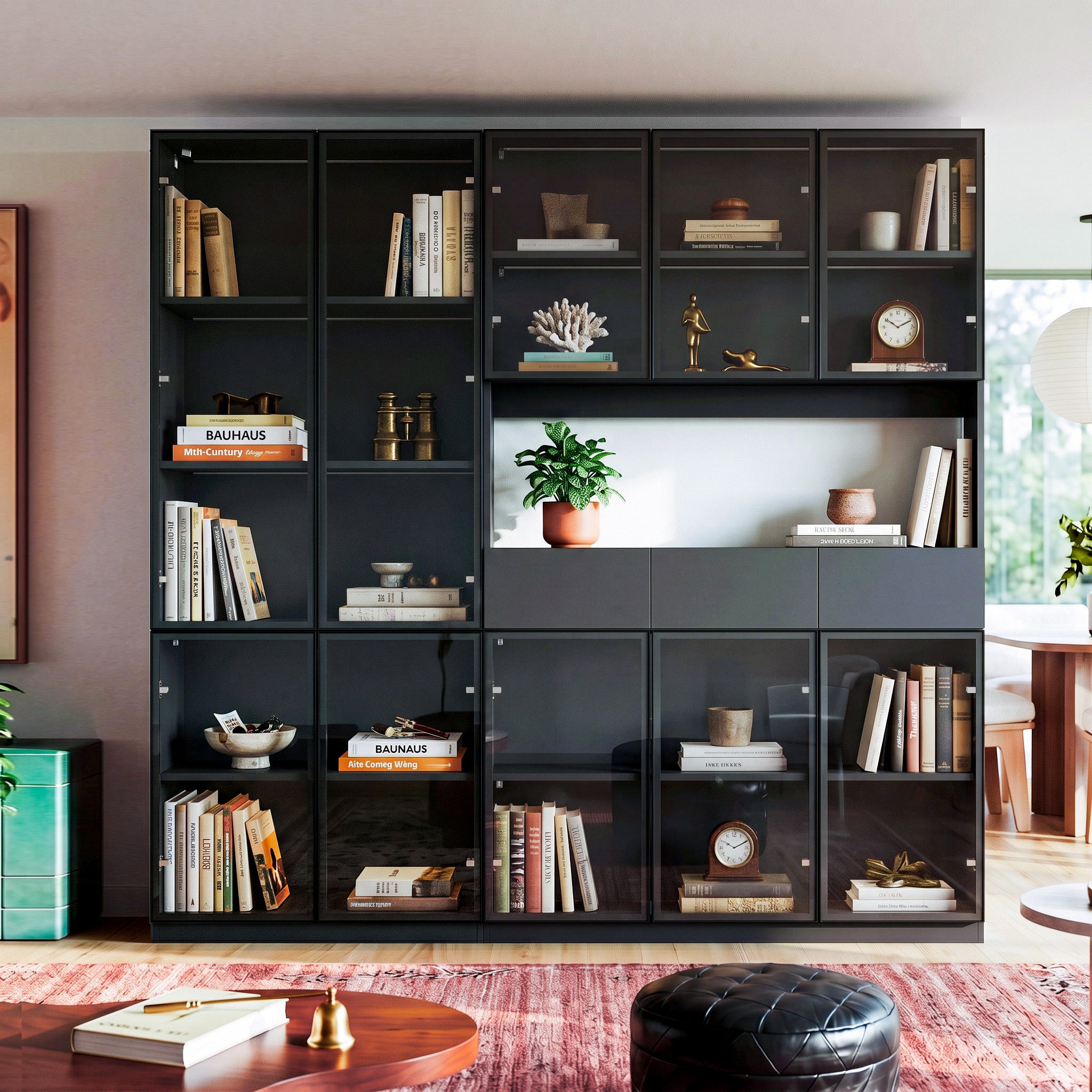 78.7" Large Bookcase with Glass Doors and 3-Color Changing LED Lights