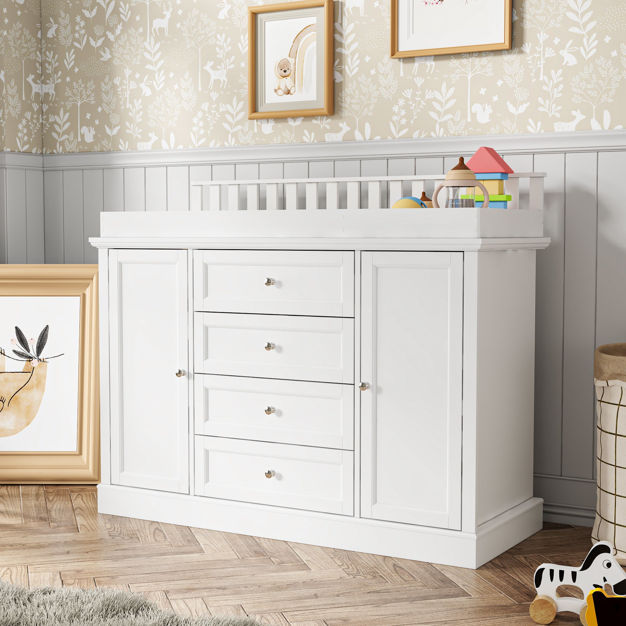 47.2" Wide White Changing Table Dresser With 2 Cabinets & 4 Drawers