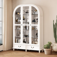 50" Modern Classic White Arched 5-Tier Bookcase With Glass Doors And Drawers