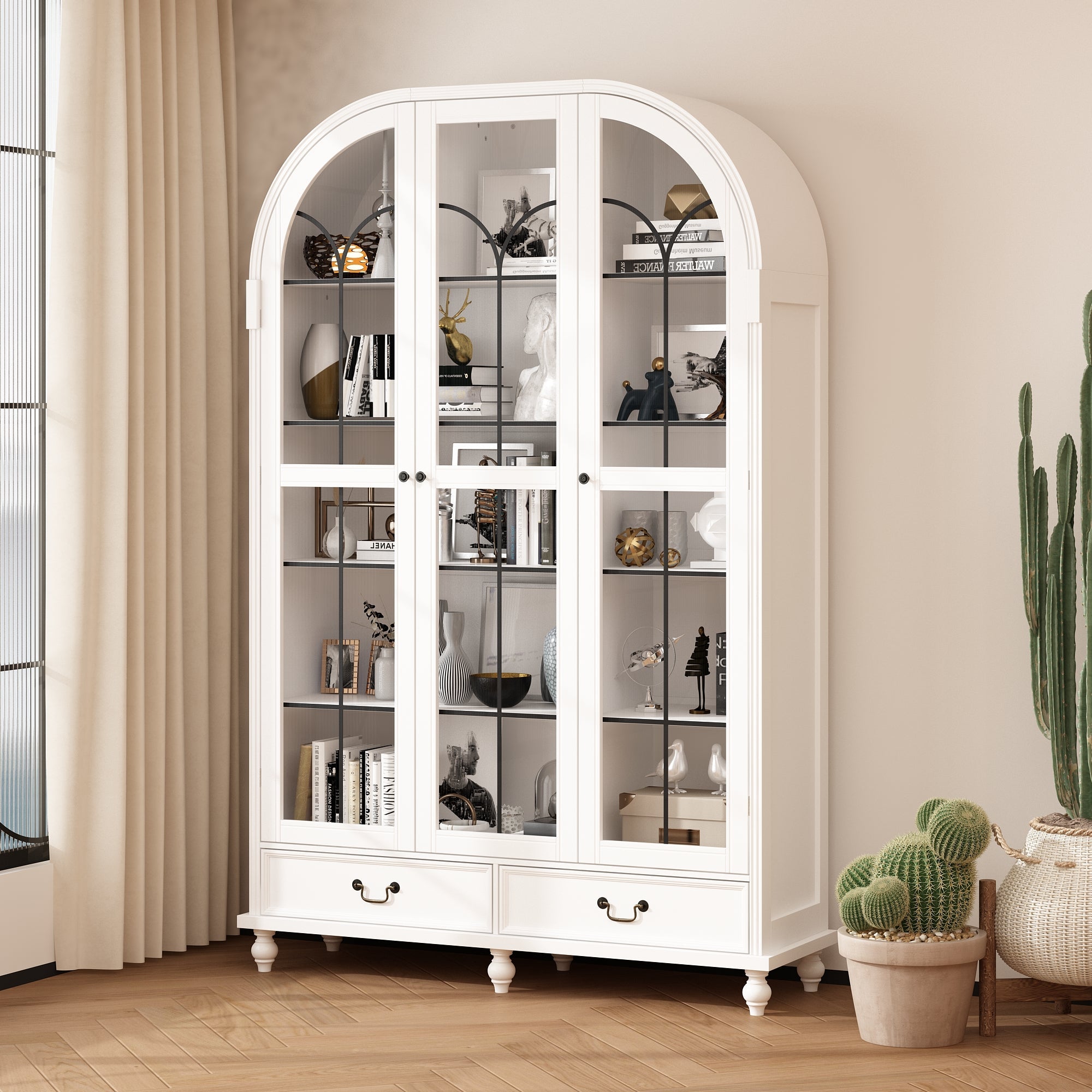 77'' H X 50'' W White Arched 5-Tier Bookcase With Glass Doors And Drawers