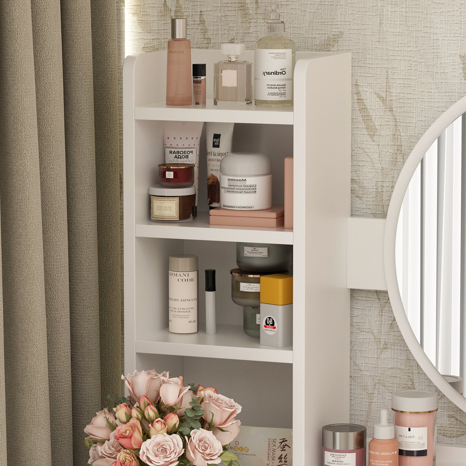 Makeup Vanity Set with Cushioned Stool, 5 Drawers & Display Shelves