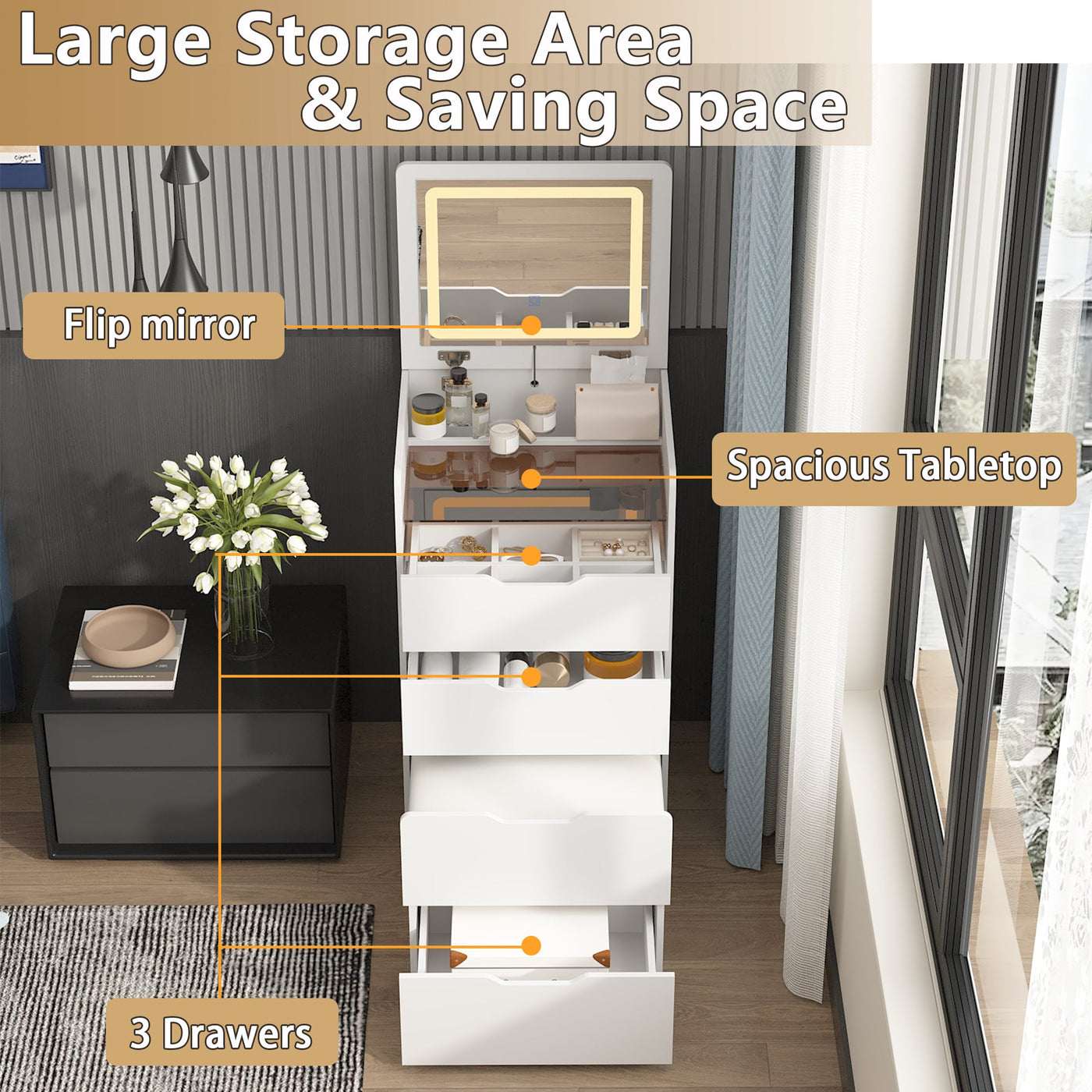 18.9" Modern White Vanity Desk With Light Flip Top Mirror And Comfortable Bench