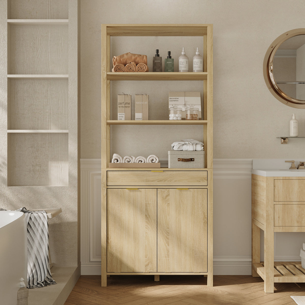 30.1" Oak Laundry Hamper Cabinet with 2 Tilt-Out Baskets and Open Shelves