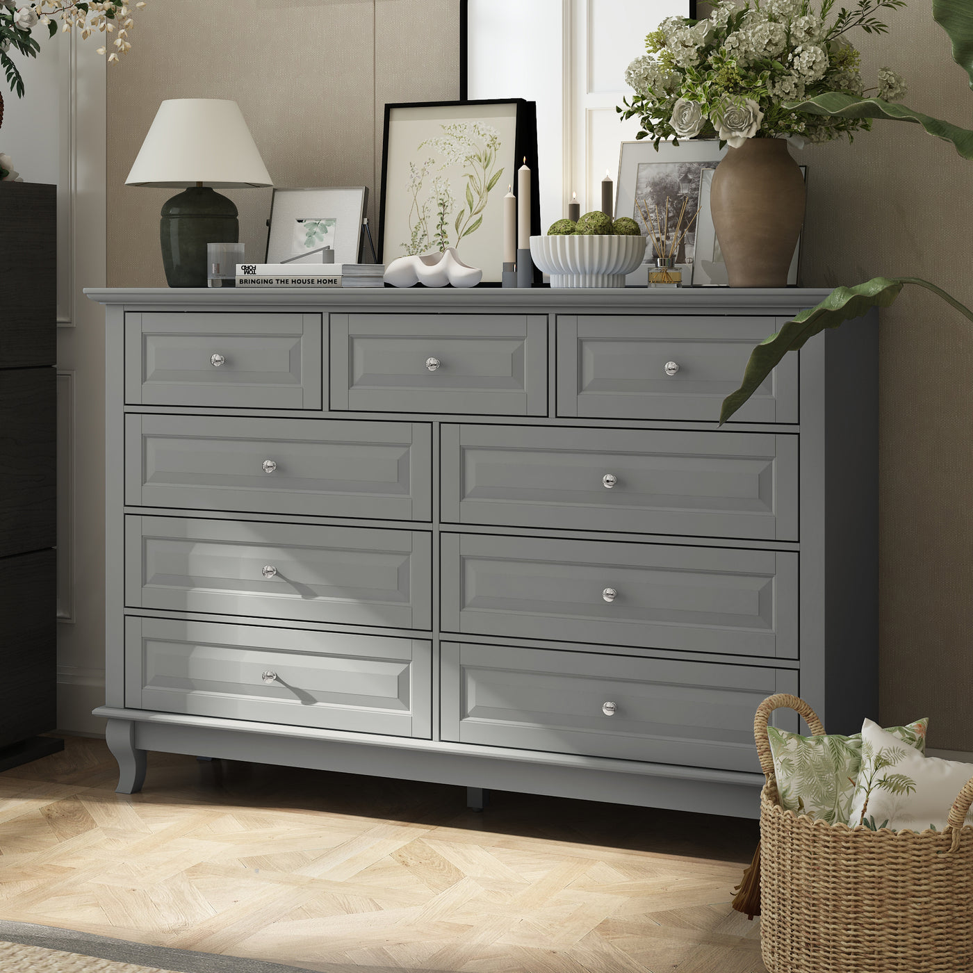 55.1" Traditional White 9-Drawer Dresser