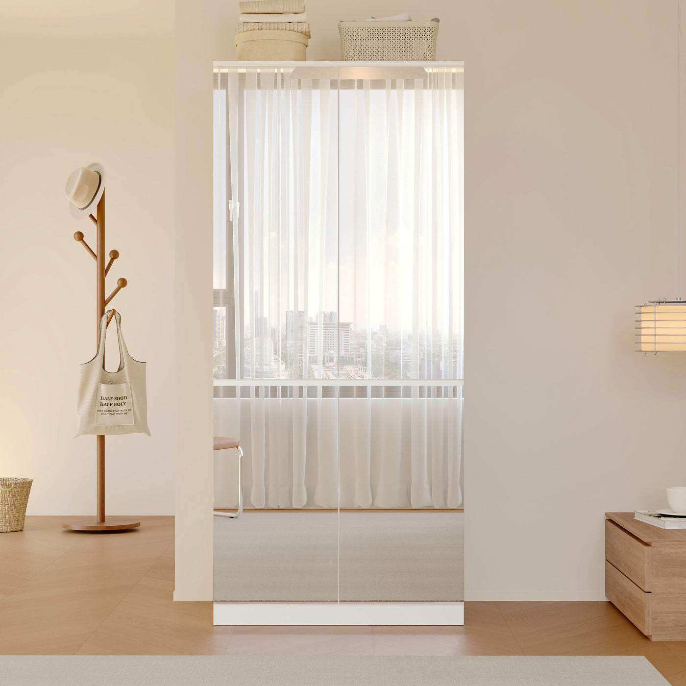 White armoire with mirrored doors and cabinet storage